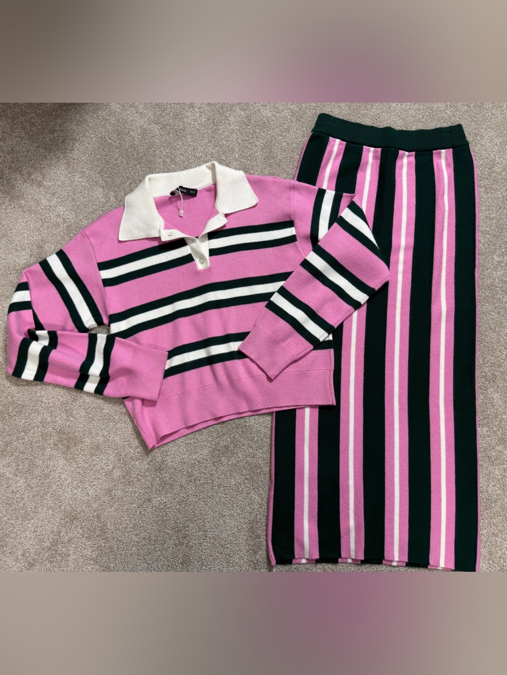 Mango Pink Green Striped Polo Collar Knit Sweater Top Small - Tennis Preppy - Picture 8 of 16